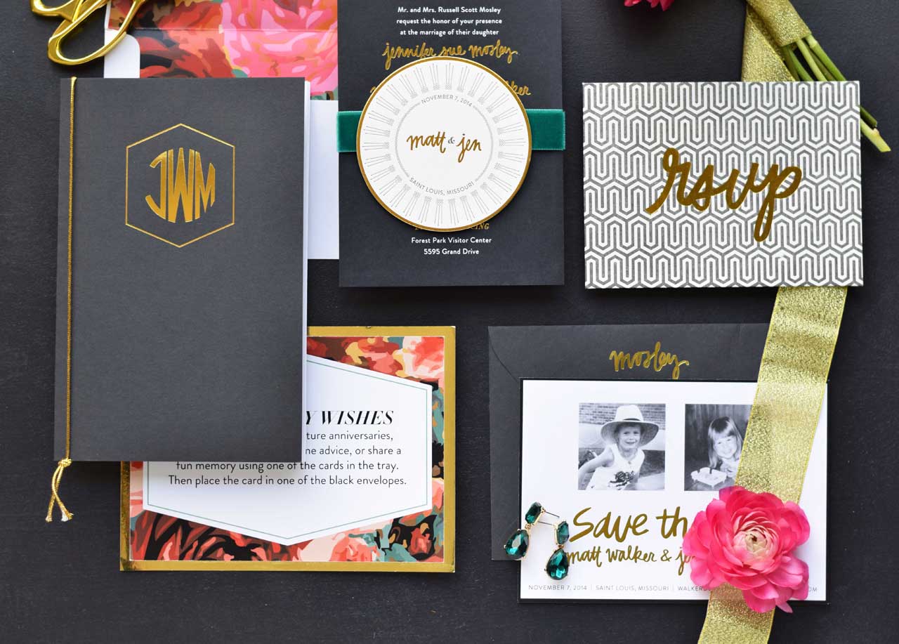 Funky Art-Deco Gold Foil and Floral Wedding Invitations by Society Paper Goods