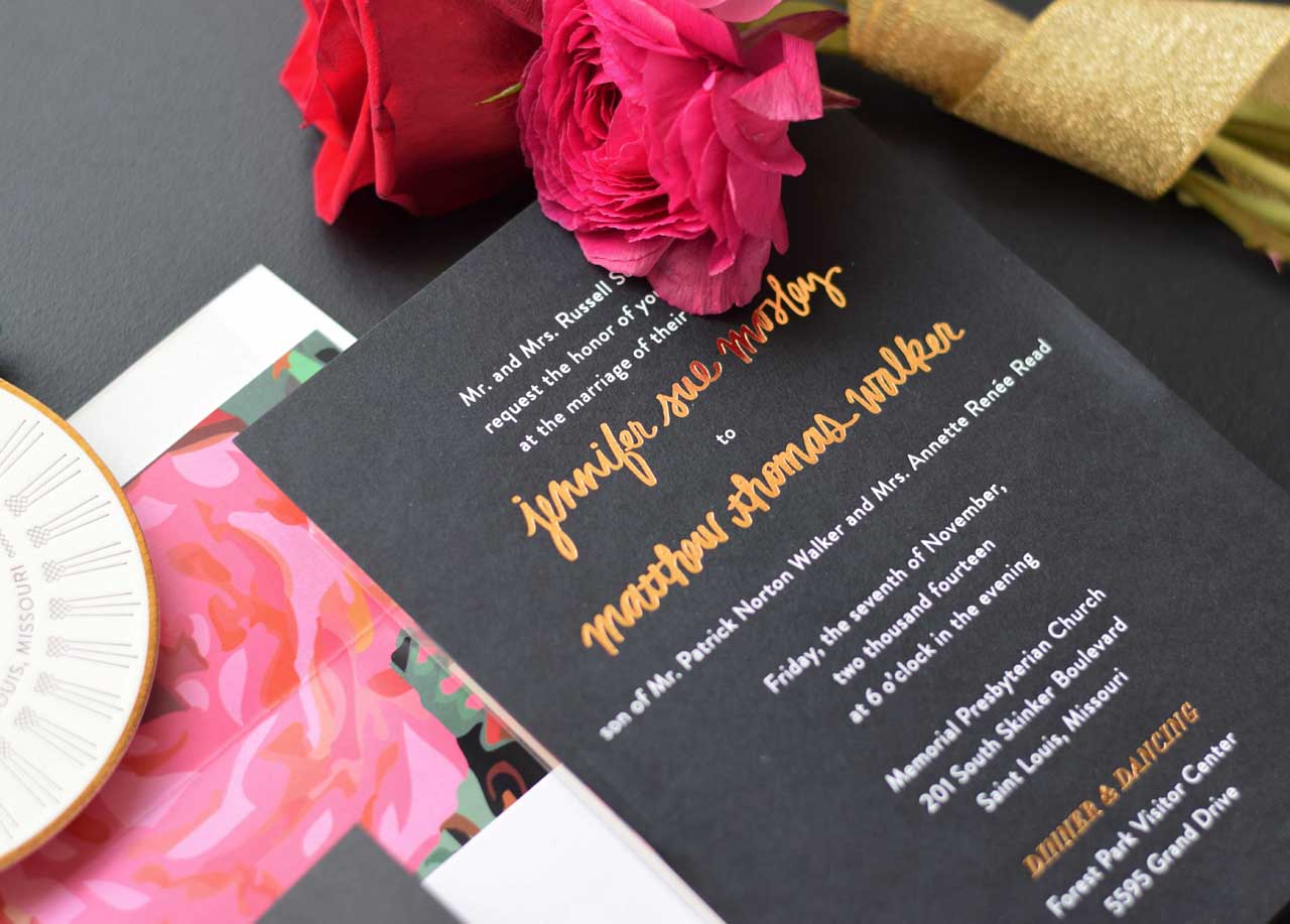 Funky Art-Deco Gold Foil and Floral Wedding Invitations by Society Paper Goods