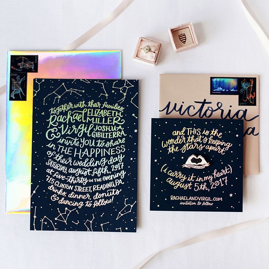 Modern Holographic Foil and Enamel Pin Wedding Invitations by Rachael Gibilterra