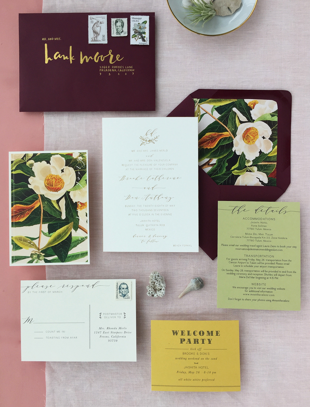 Romantic Burgundy and Gold Foil Wedding Invitations with Floral Envelope Liner by Charm and Fig