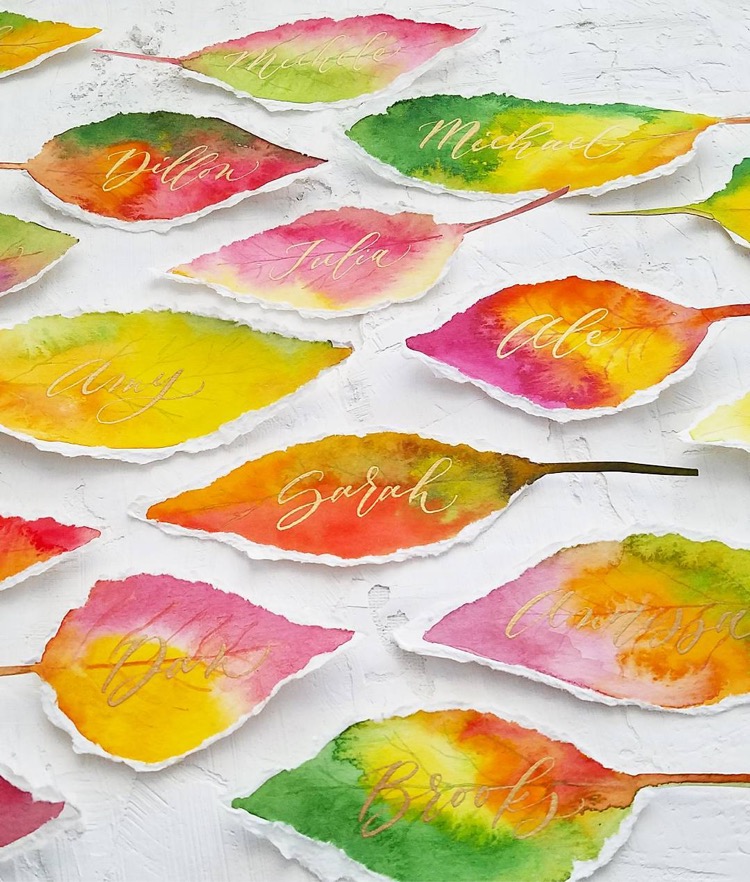 Hanwriting Watercolor Leaf Placecards