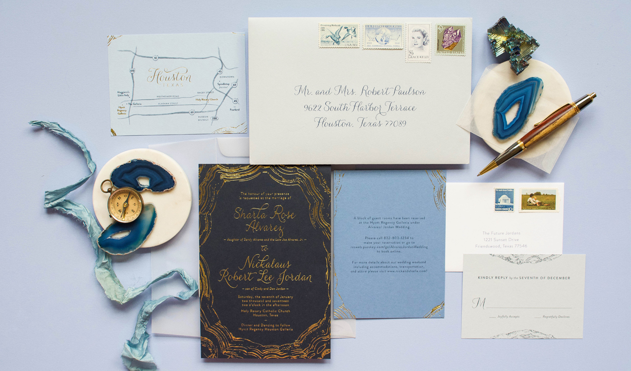 Navy and Gold Foil Agate-Inspired Wedding Invitations by Anticipate Invitations