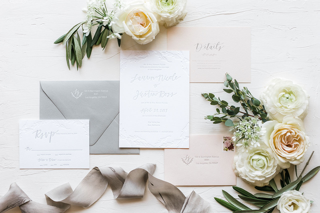 Blush and Gray Desert Wedding Invitations by Goodheart Design