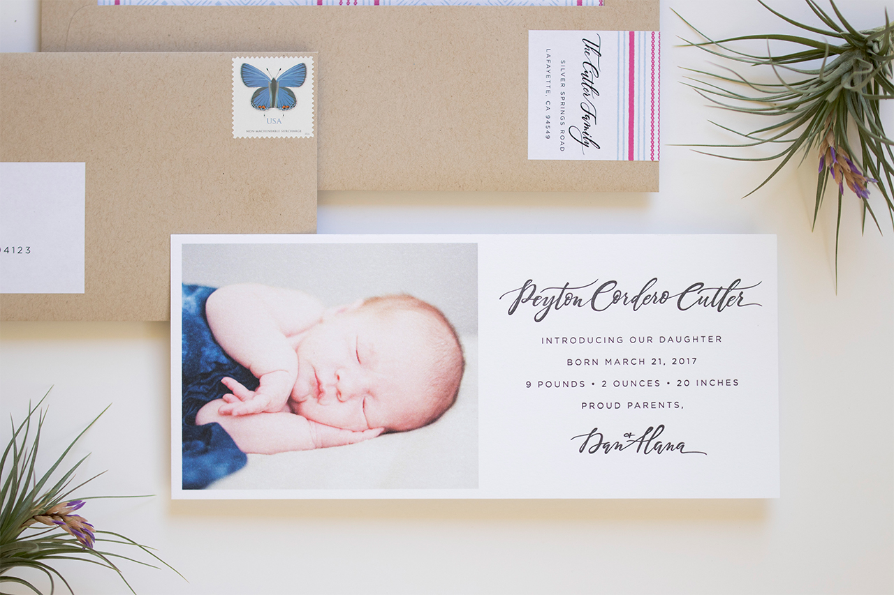 Sweet and Simple Calligraphy Baby Announcements by Bourne Paper Co. and Anne Robin Calligraphy