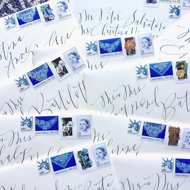 Envelope Inspiration: White Envelopes with Blue Ink and Vintage Stamps by Mary Kate Moon