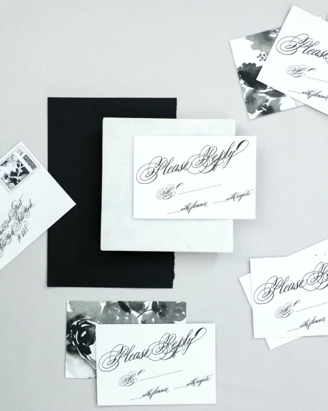 Black and White Calligraphy and Watercolor Wedding Invitations