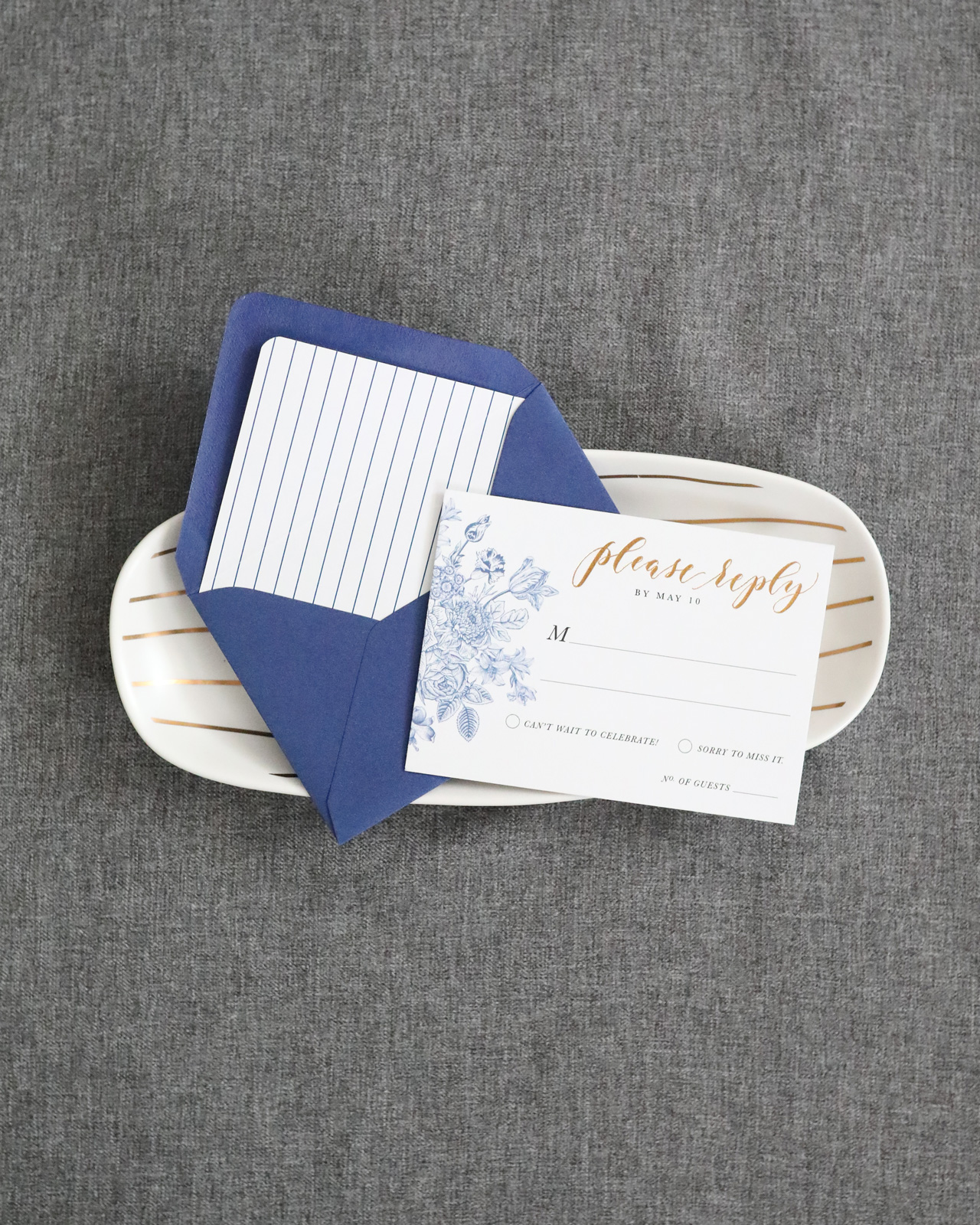 Chinoiserie-Inspired Blue and White Wedding Invitations by Honeybee Paper Co.