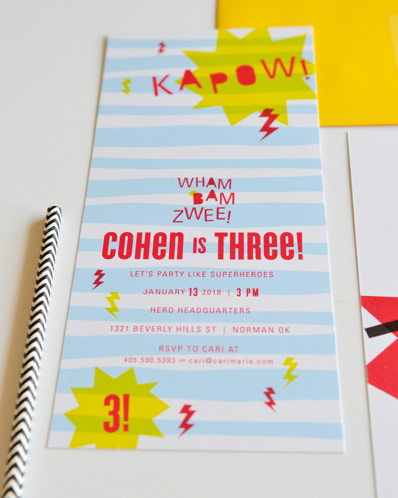 Bright and Colorful Superhero Birthday Party Invitations by Cari Marie Designs