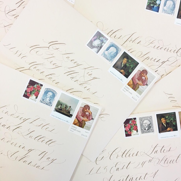Envelopes with Fine Art Postage Stamps by Silver Fox Calligraphy
