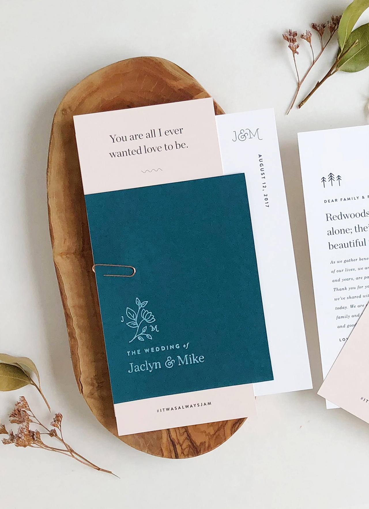 Understated Teal and Blush Wedding Invitations by Design by Jaclyn