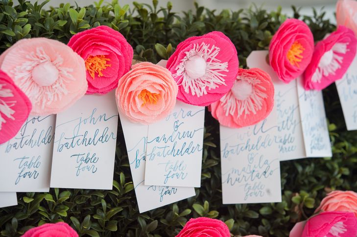 Crepe Paper Flower Escort Cards with Watercolor Calligraphy