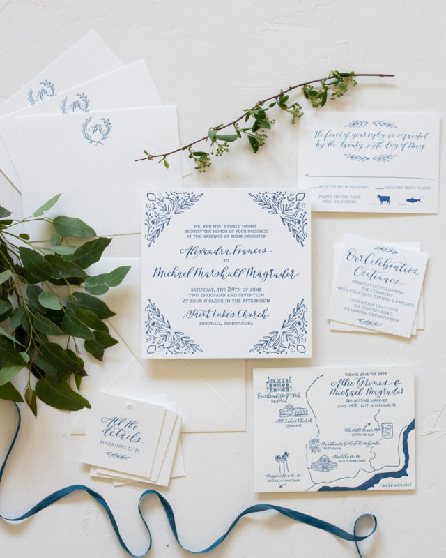 Navy and White Illustrated Floral Wedding Invitations