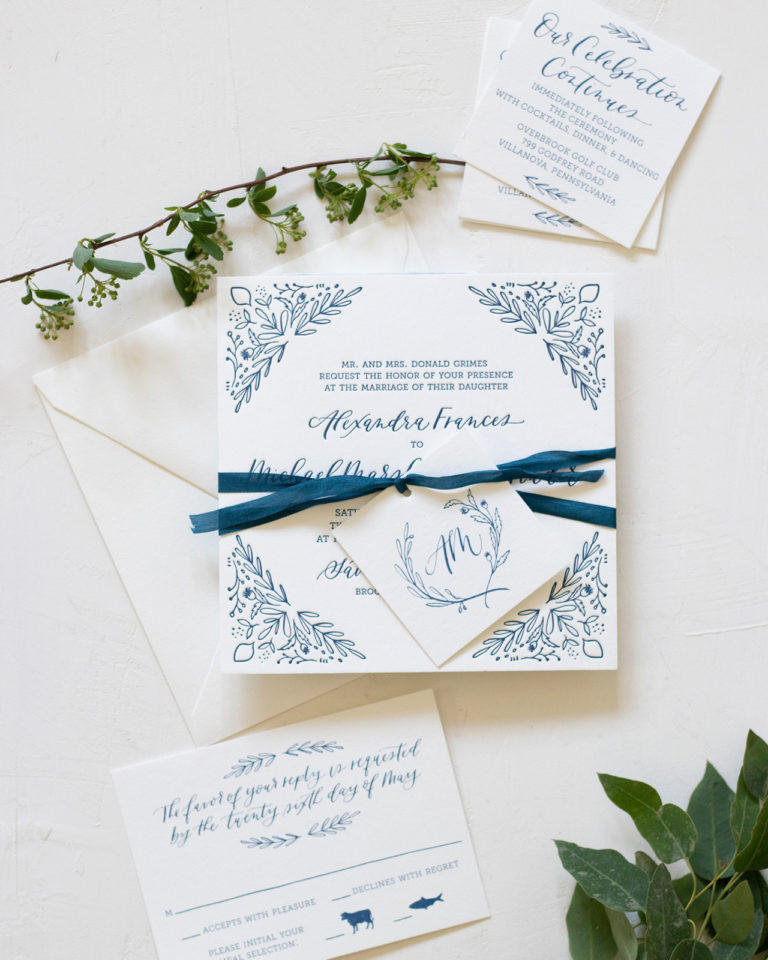 Navy and White Illustrated Floral Wedding Invitations