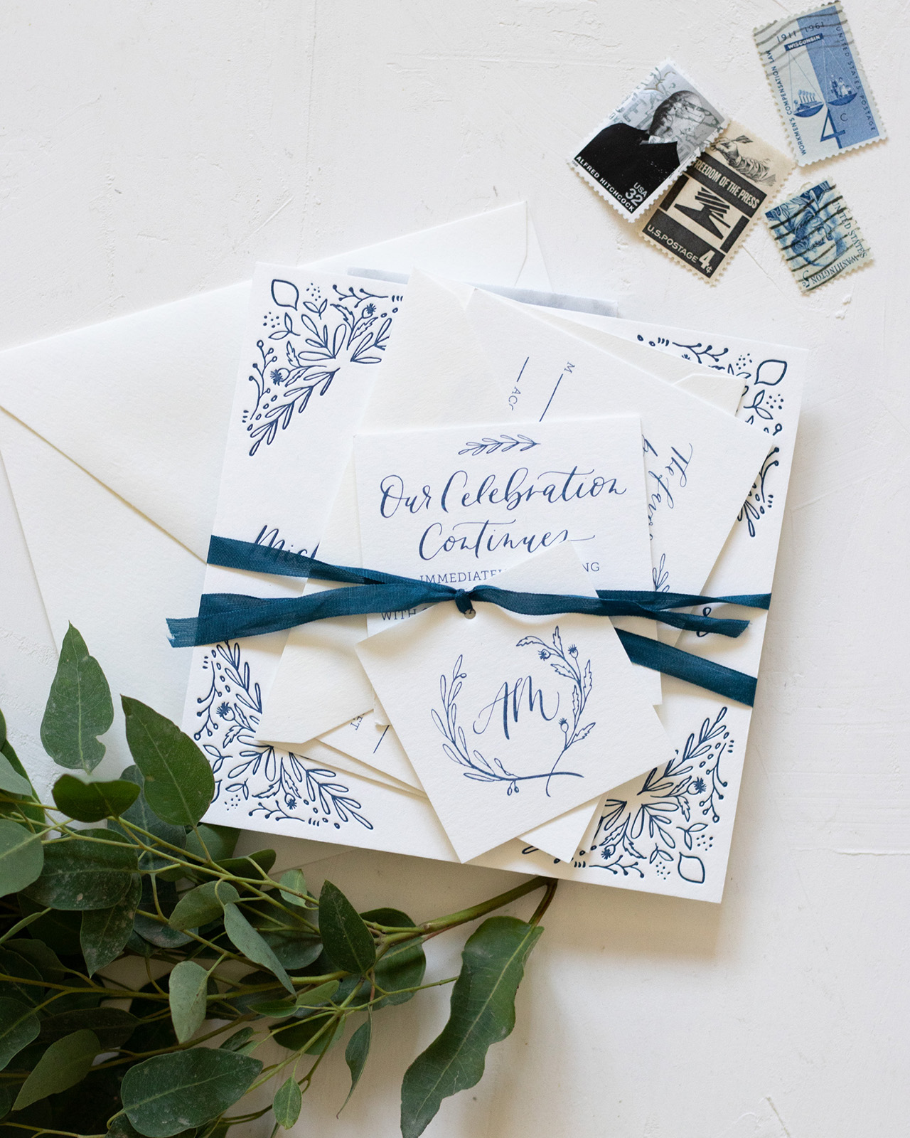 Navy and White Illustrated Floral Wedding Invitations