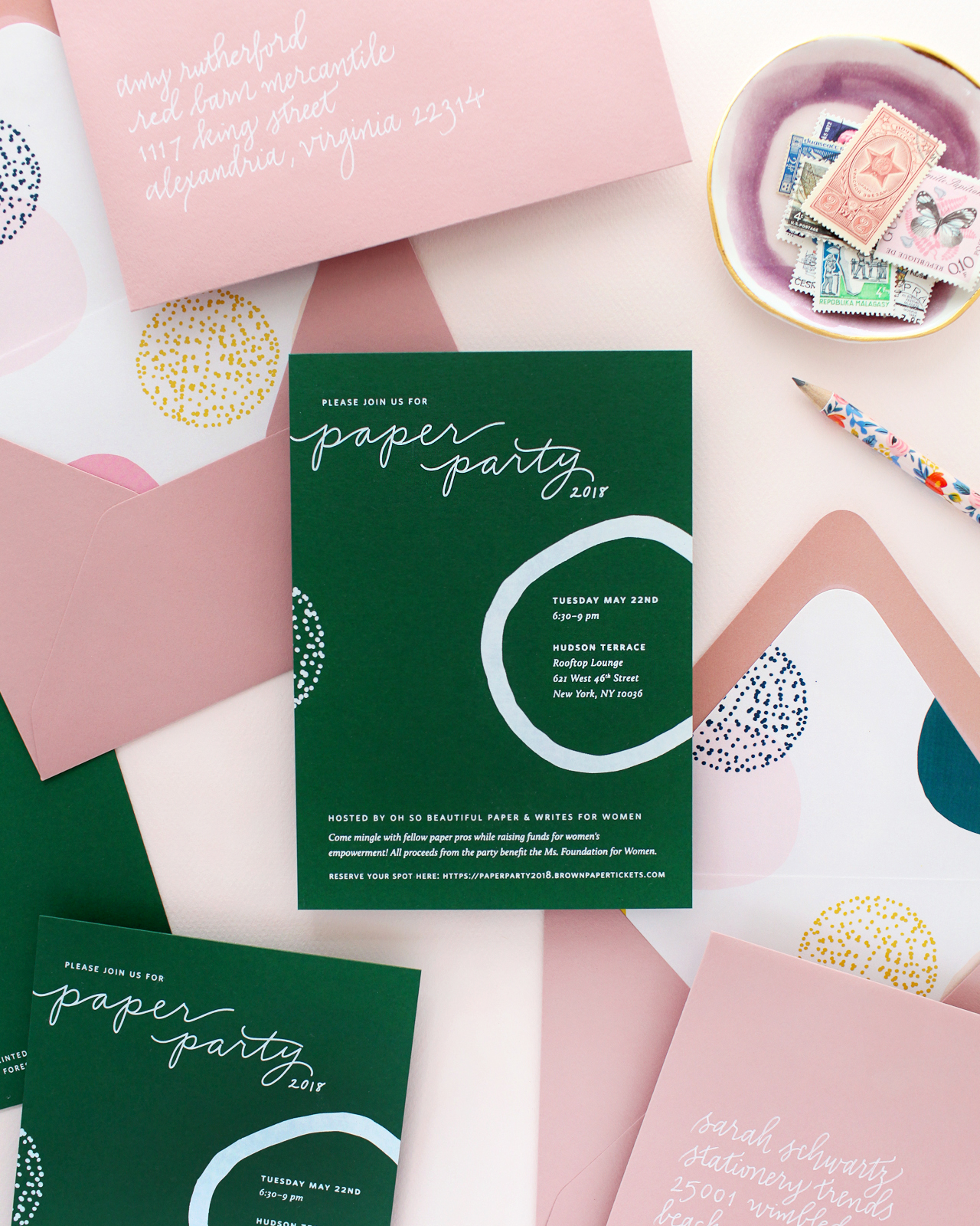 Modern Minimalist Invitations with White Foil on Green Paper