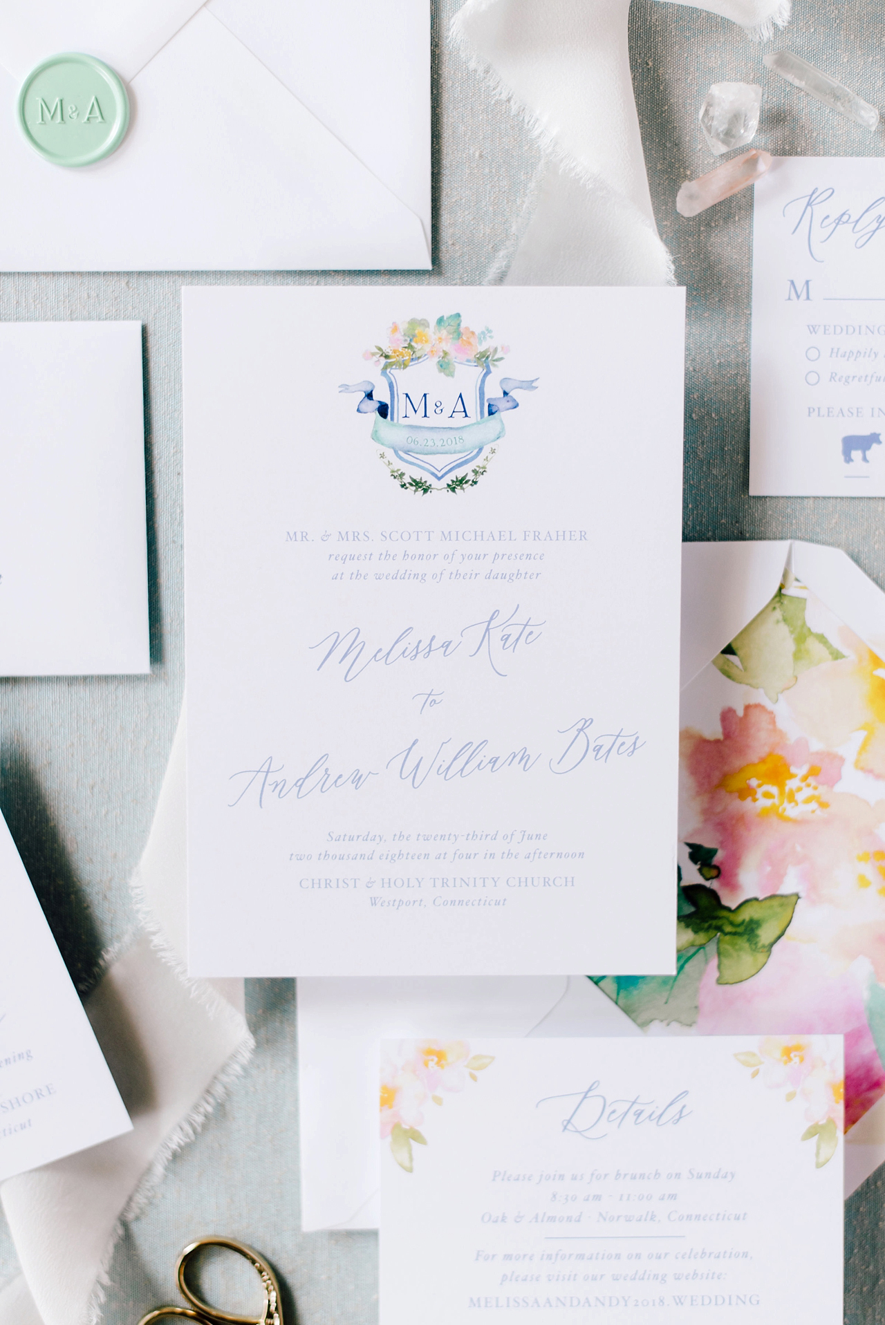 Colorful Watercolor Crest Wedding Invitations by Roseville Designs