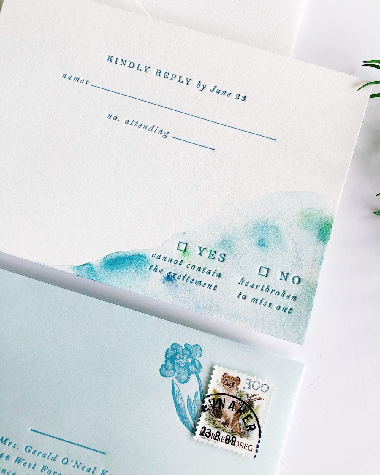 Aquamarine Watercolor and Letterpress Wedding Invitations by Iris and Marie Letterpress