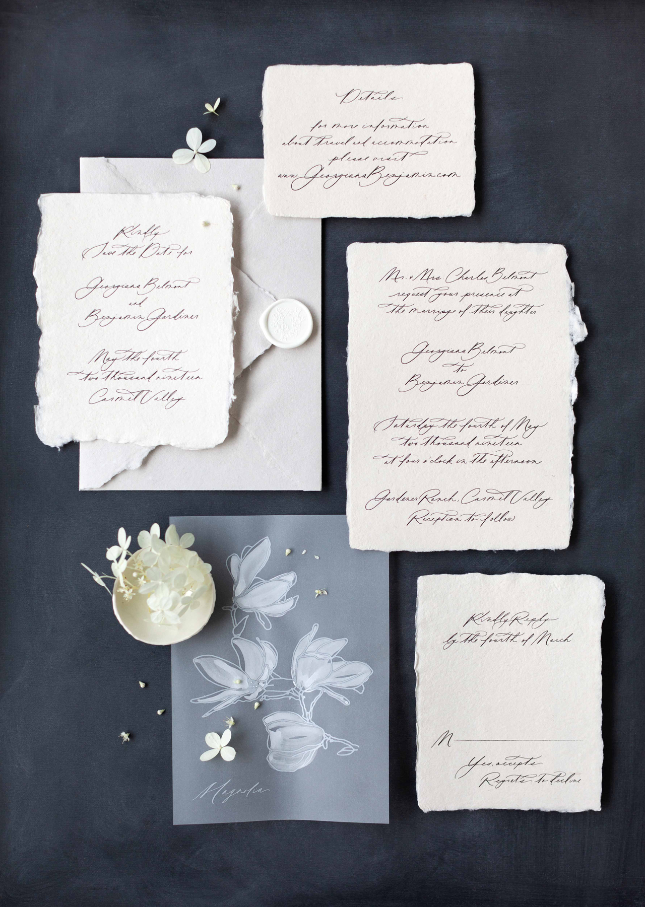 Romantic Calligraphy Wedding Invitations on Handmade Paper by Plume Calligraphy