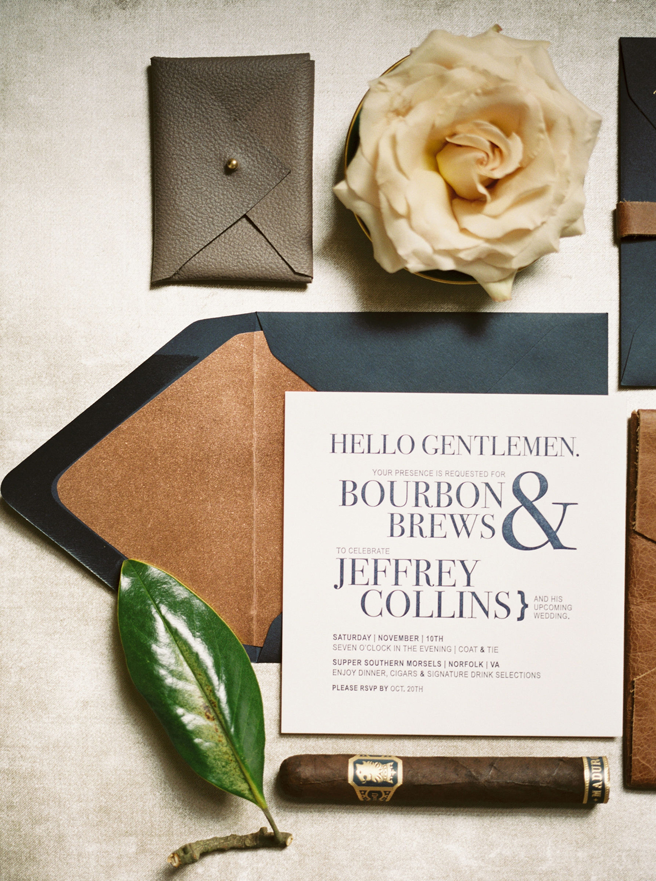 Blue and Leather Bachelor Party Invitations by Lustre Theory