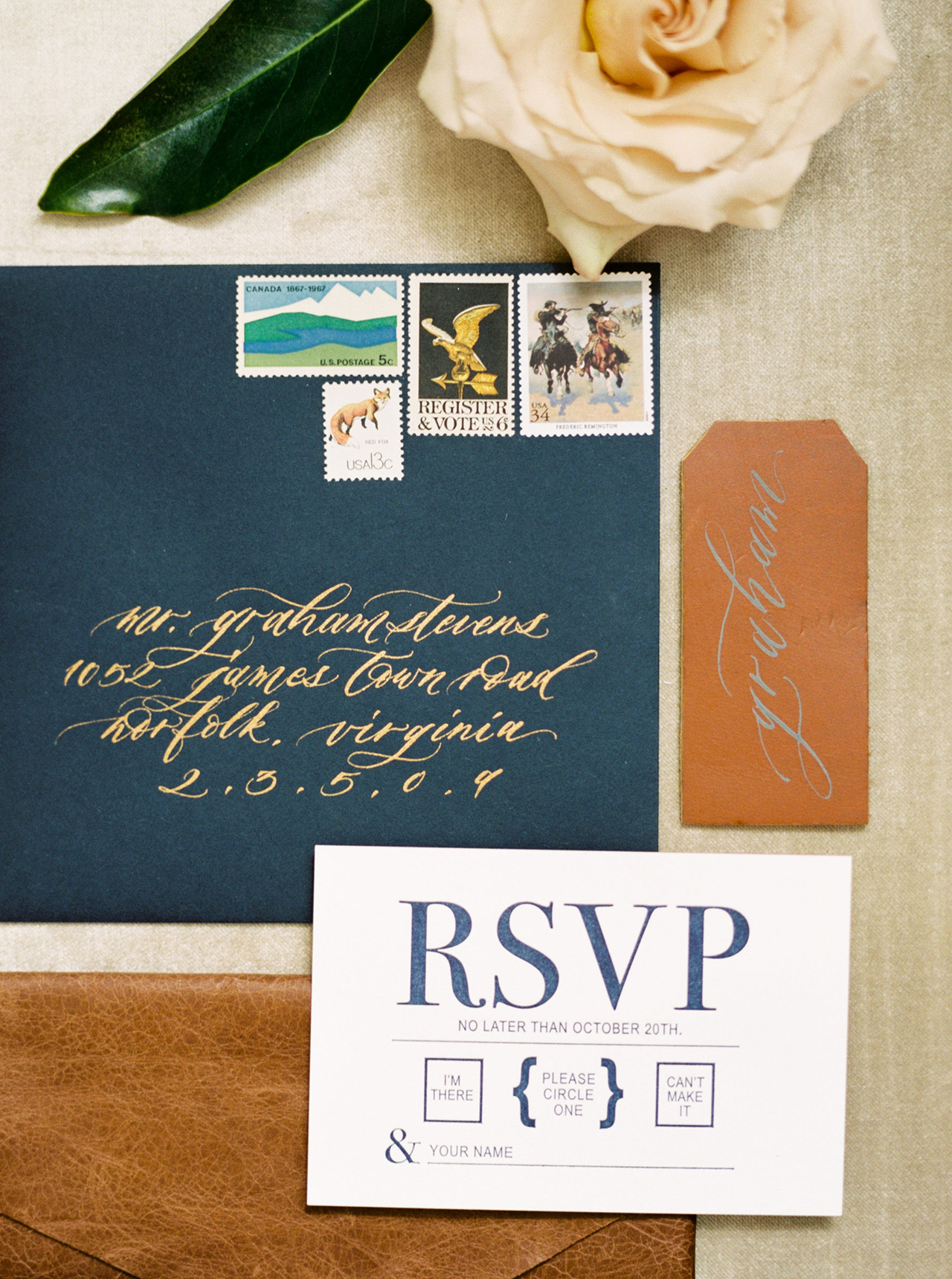 Blue and Leather Bachelor Party Invitations by Lustre Theory