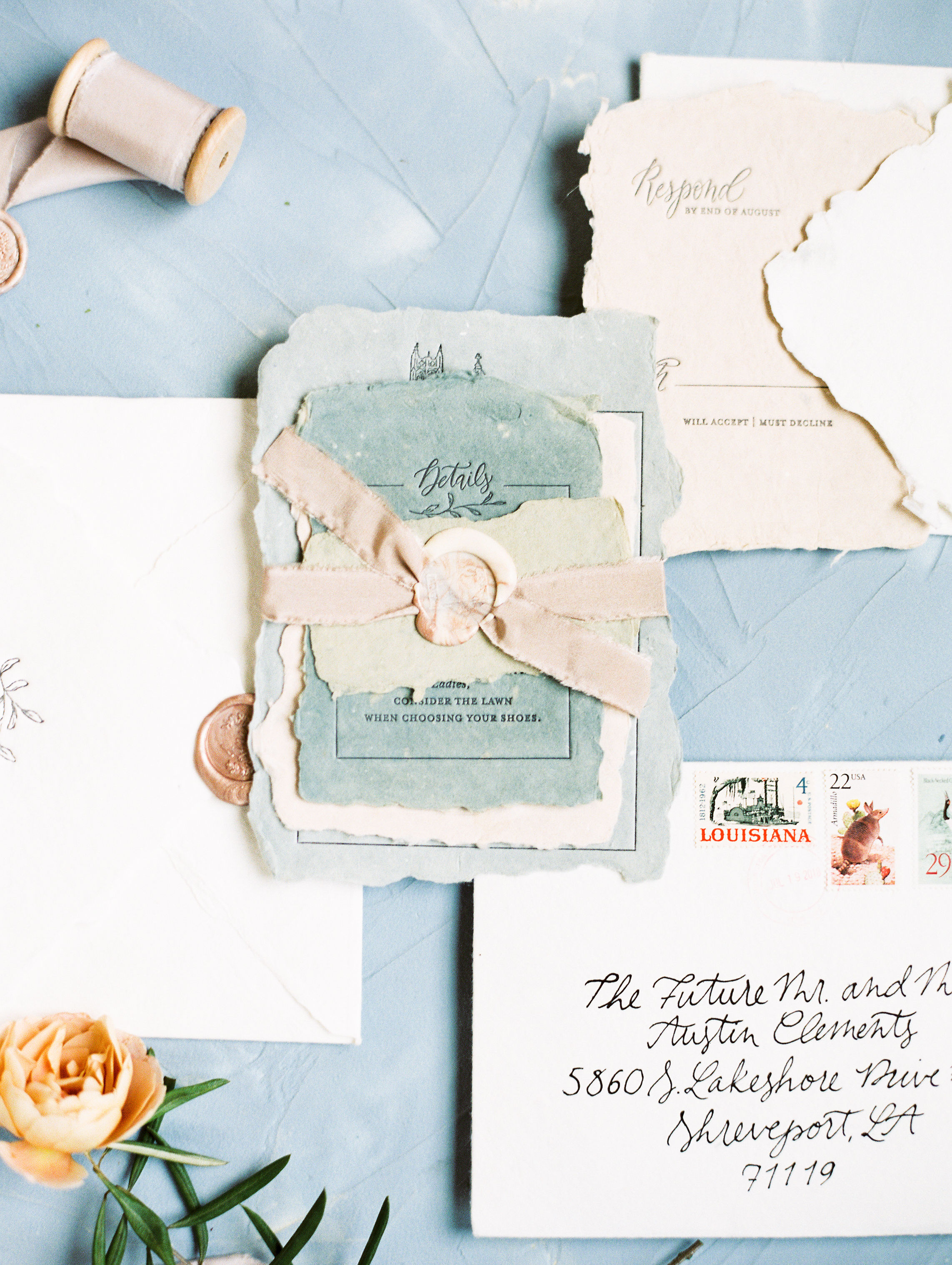 Dusty Blue and Pink Wedding Invitations on Handmade Paper LineAveCalligraphy via Oh So Beautiful Paper