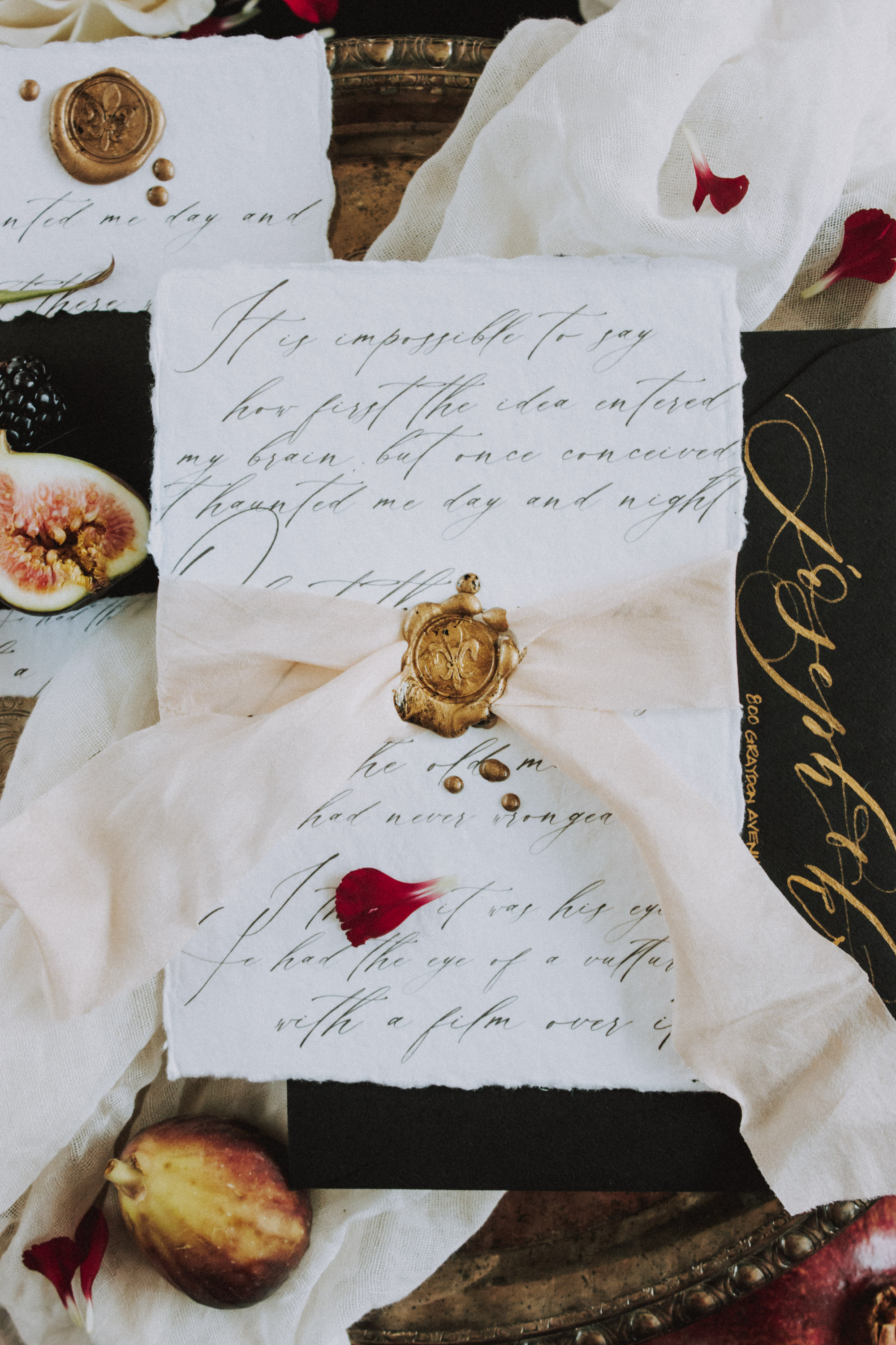 Romantic Black, White, and Gold Calligraphy Stationery Inspiration by Lustre Theory with Seniman Calligraphy on Fringe & Rose Handmade Paper